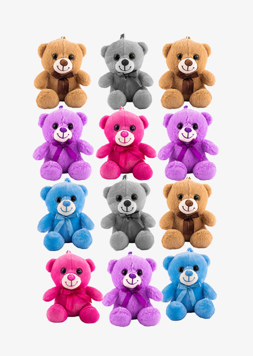 Set de 12 Piezas Llavero de peluche Osito Baby 12 cm - Pelucheria
colores café, gris, rosa y azul. Llaveros de peluche coleccionables