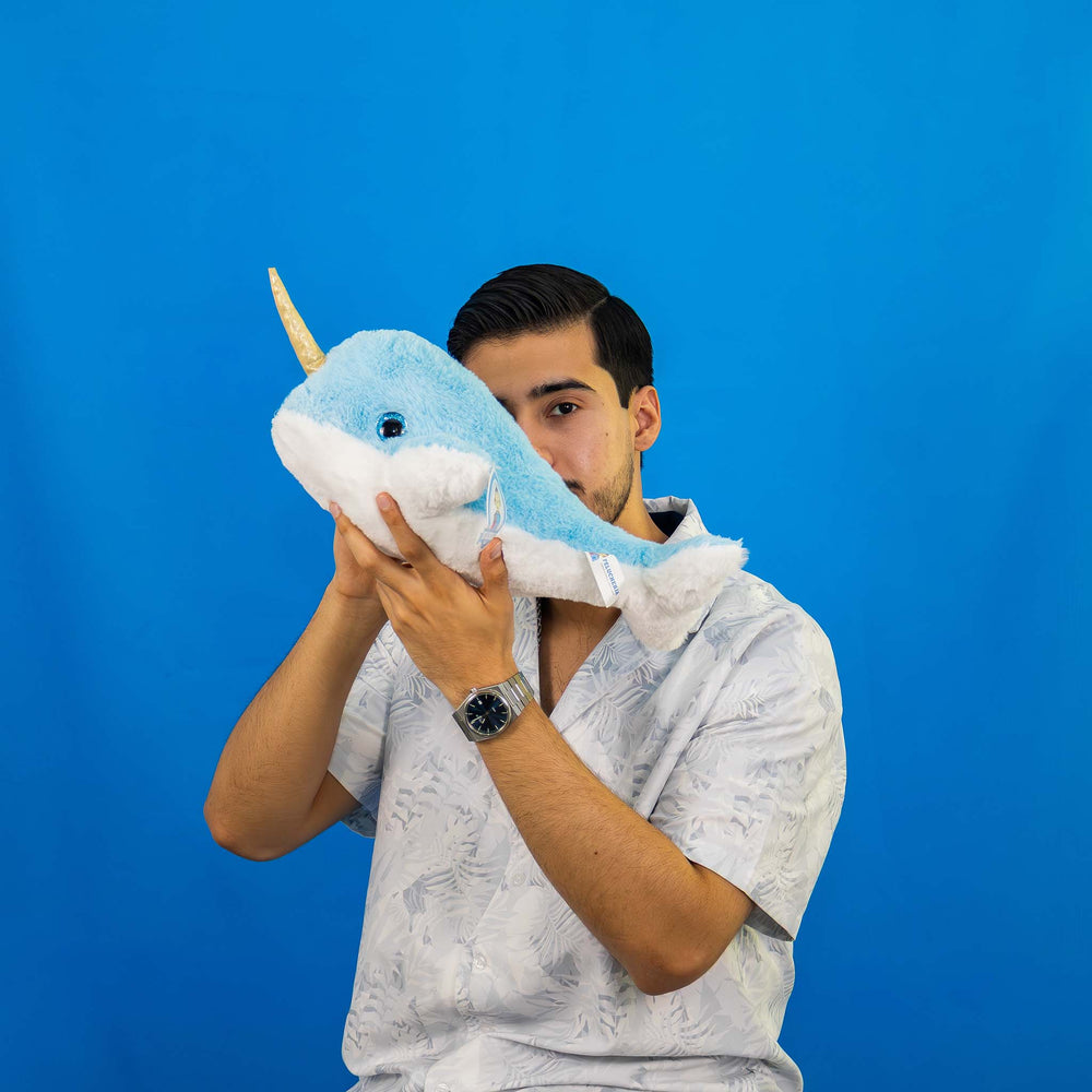 Narwhale de peluche Blue 36 cm, peluches marinos para eventos y decoraciones en fiestas infantiles