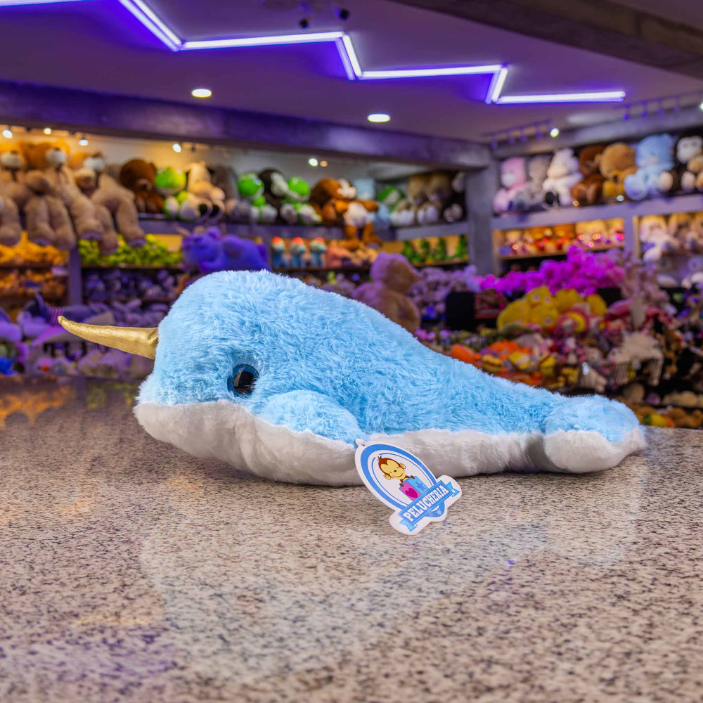 Narwhale de peluche Blue 36 cm, peluches marinos para eventos y decoraciones en fiestas infantiles