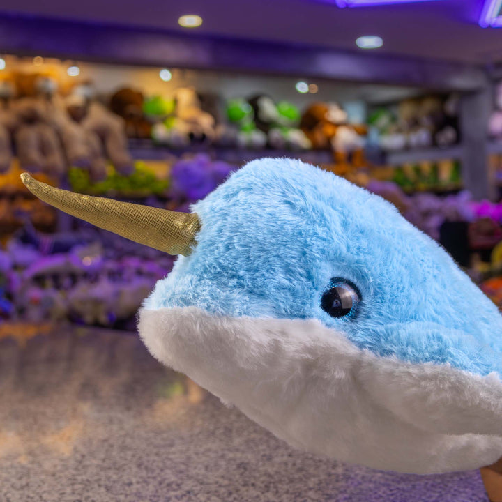 Narwhale de peluche Blue 36 cm, peluches marinos para eventos y decoraciones en fiestas infantiles