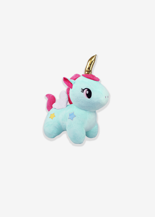 Unicornio de peluche color azul con detalles brillantes, ideal para tiendas de regalos y mayoristas