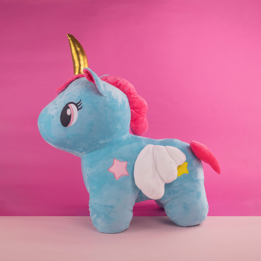 Unicornio de peluche color azul con detalles brillantes, ideal para tiendas de regalos y mayoristas
