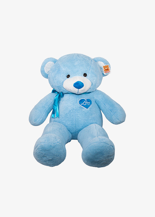 Oso de peluche meli super suave de color azul, ideal para regalos en cualrquier ocasión, en san valentin, regalar amor o decorar un espacio con un osito adorable.