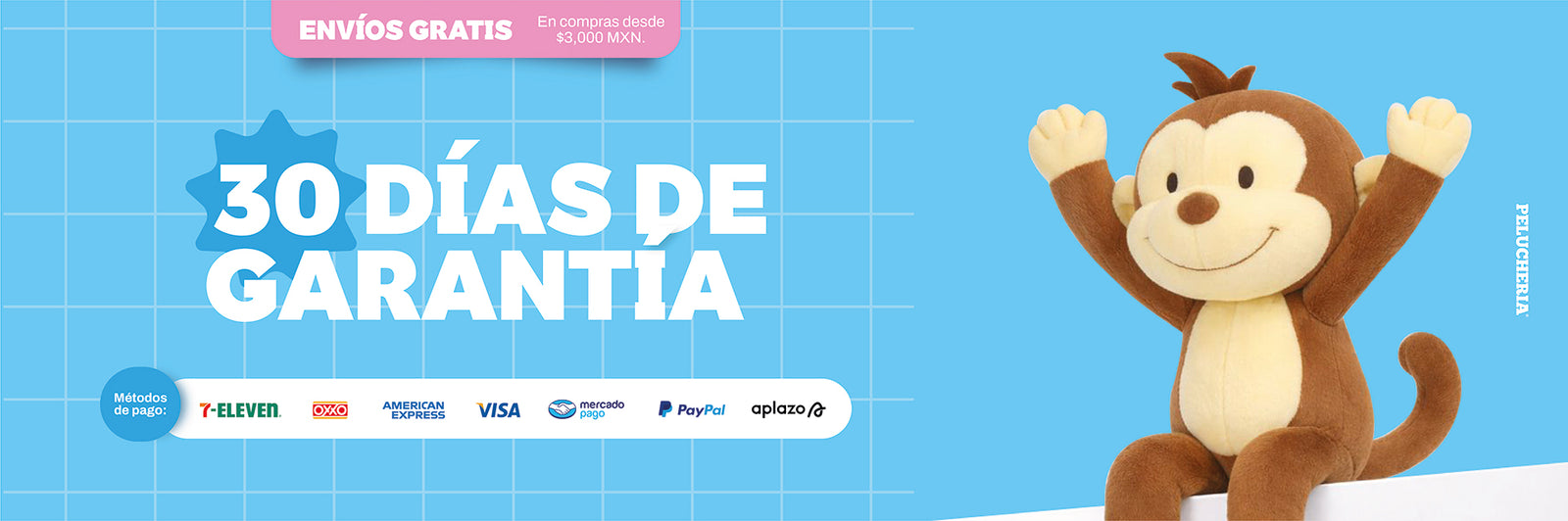 Banner de Garantía de 30 Días con Envíos Gratis y métodos de pago aceptados, con la mascota de Peluchería