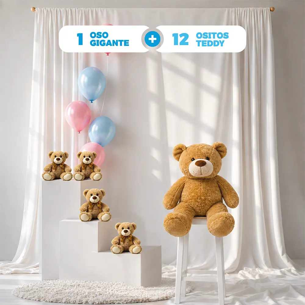 Paquete Clásico | 12 Ositos Teddy + 1 Oso Gigante 100 cm