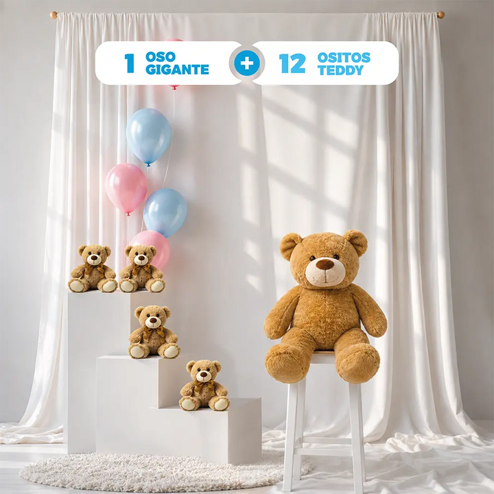 Paquete Clásico | 12 Ositos Teddy + 1 Oso Gigante 100 cm