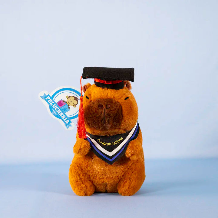 Capibara de peluche graduada, peluches para graduación, eventos y decoración. 
peluche con birrete para graduacion