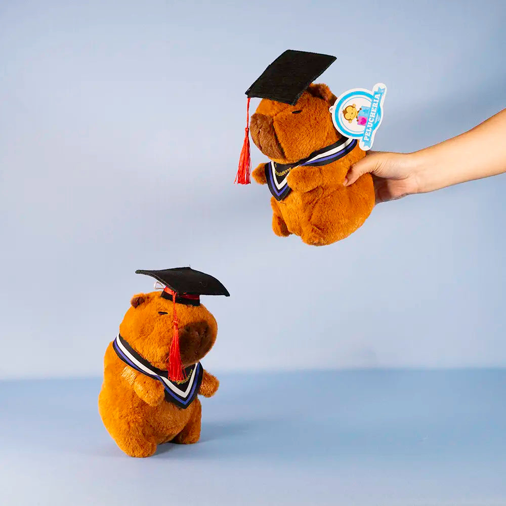 Capibara de peluche graduada, peluches para graduación, eventos y decoración. 
peluche con birrete para graduacion