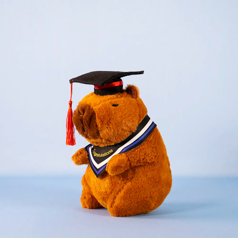 Capibara de peluche graduada, peluches para graduación, eventos y decoración. 
peluche con birrete para graduacion