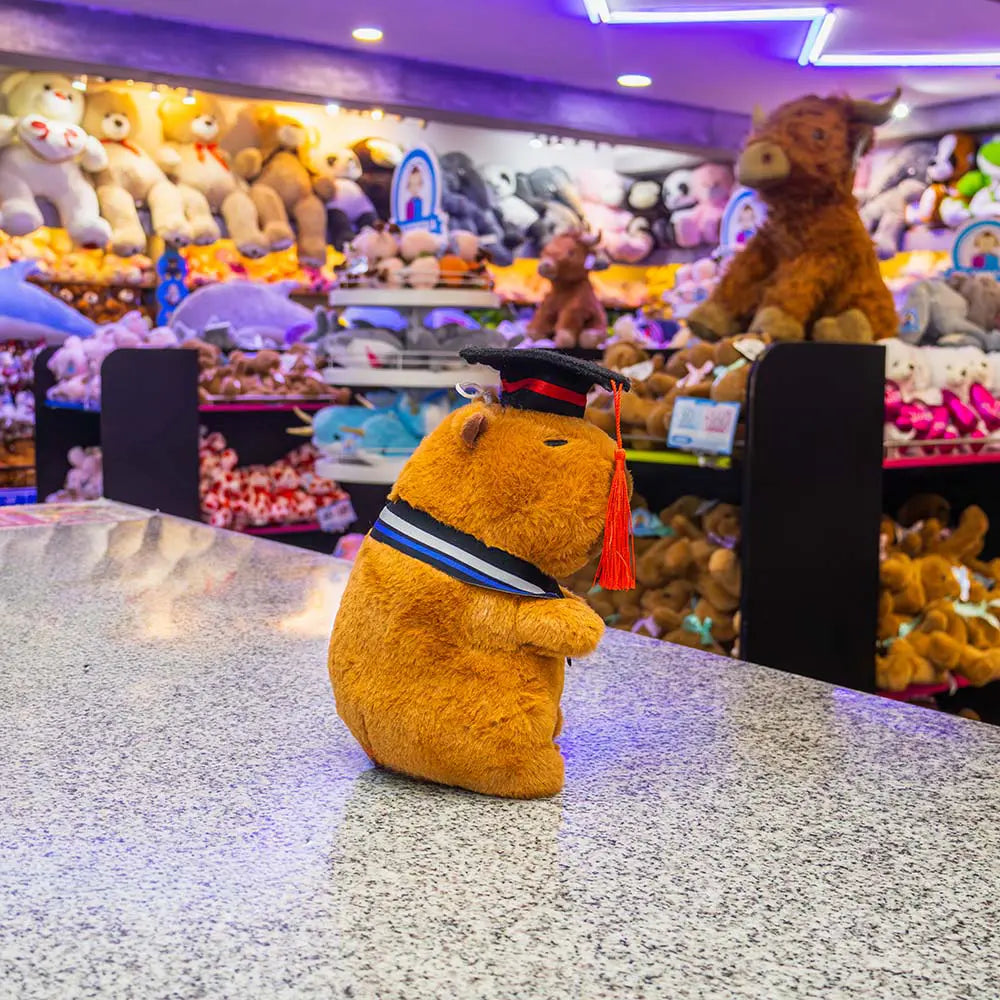 Capibara de peluche graduada, peluches para graduación, eventos y decoración. 
peluche con birrete para graduacion