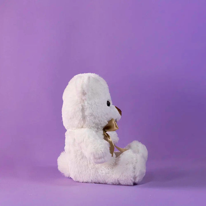 Oso de peluche color blanco, suave, sentado y con moño, ideal para regalo, baby showers, eventos y fiestas. Peluches al mayoreo 