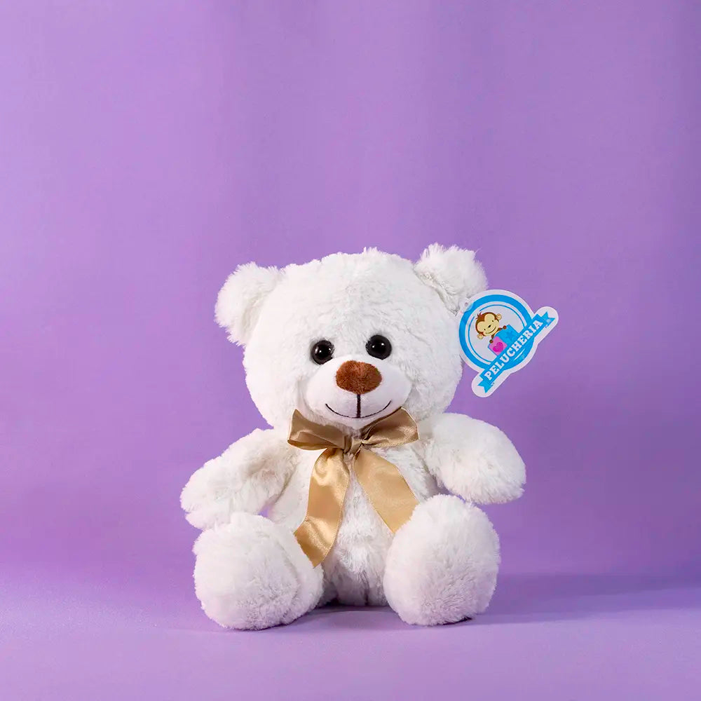 Oso de peluche color blanco, suave, sentado y con moño, ideal para regalo, baby showers, eventos y fiestas. Peluches al mayoreo 