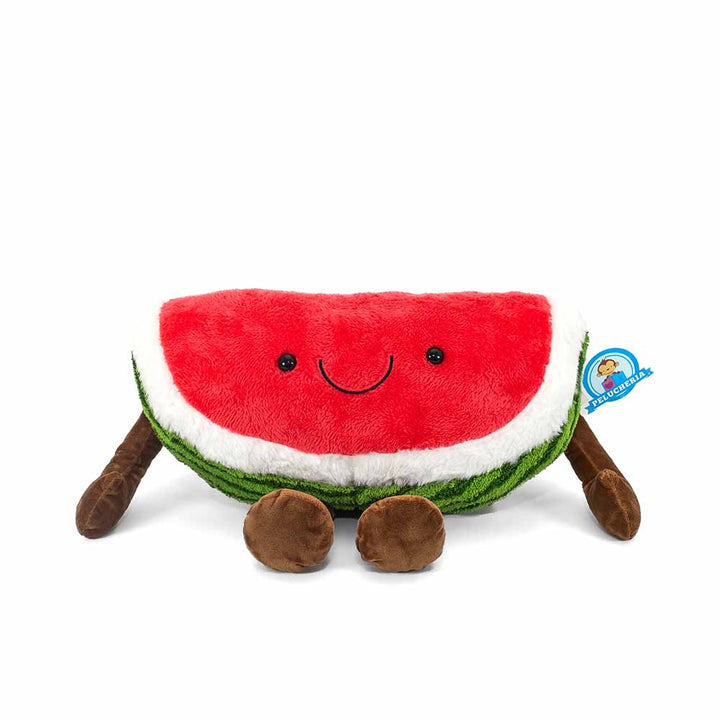 Sandía de peluche , color rojo con verde , peluche con carita feliz, peluches comida
