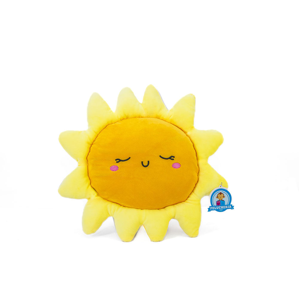 Cojín de peluche de sol en color amarillo, con carita feliz 