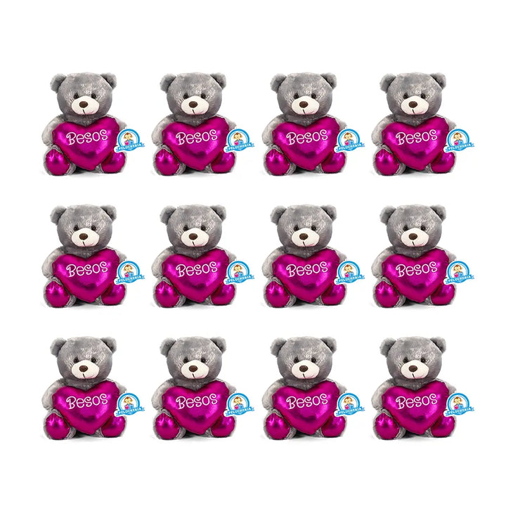 Set de 12 Piezas Osito de peluche Toby Gris Besos 23 cm