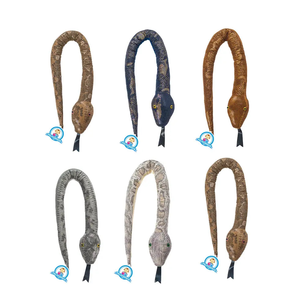 Serpiente de peluche, colores café, azul y gris. Peluches con detalles reales 